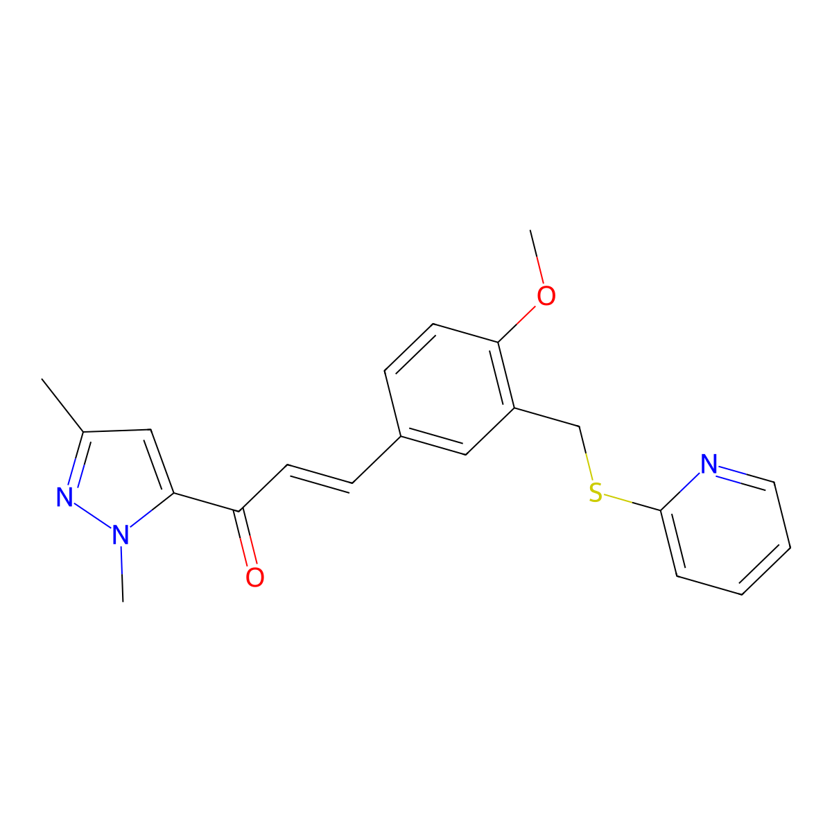 1-(1,3-Dimethyl-1H-pyrazol-5-yl)-3-[4-methoxy-3-[(2-pyridinylthio)methyl]phenyl]-2-propen-1-one molecular structure, CAS 1005566-26-6