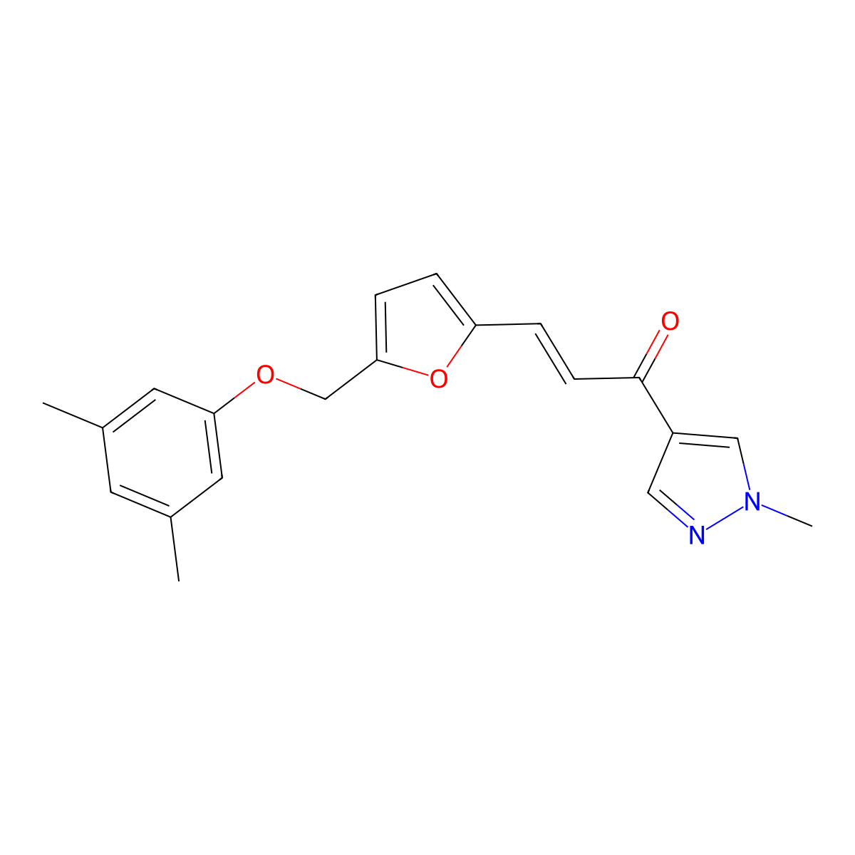 3-[5-[(3,5-Dimethylphenoxy)methyl]-2-furanyl]-1-(1-methyl-1H-pyrazol-4-yl)-2-propen-1-one molecular structure, CAS 1005566-46-0