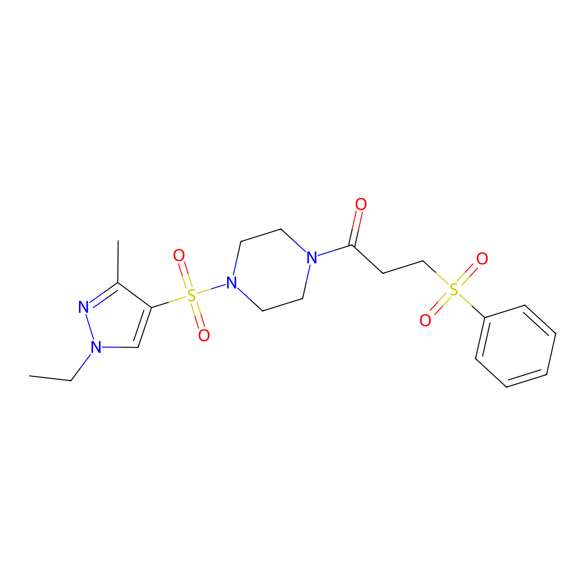 1-{4-[(1-ethyl-3-methyl-1H-pyrazol-4-yl)sulfonyl]piperazin-1-yl}-3-(phenylsulfonyl)propan-1-one molecular structure, CAS 1005566-64-2