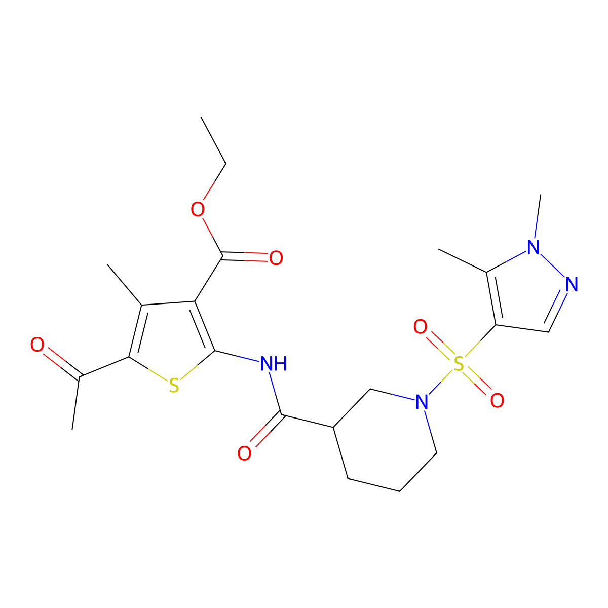 ethyl 5-acetyl-2-[({1-[(1,5-dimethyl-1H-pyrazol-4-yl)sulfonyl]piperidin-3-yl}carbonyl)amino]-4-methylthiophene-3-carboxylate molecular structure, CAS 1005566-72-2