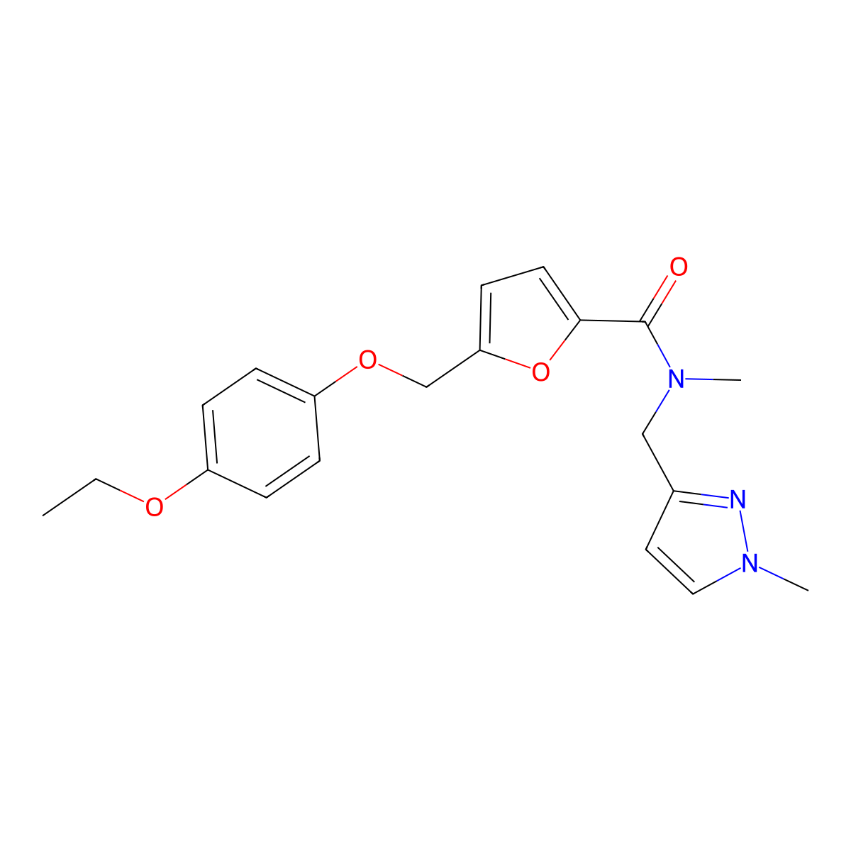 5-[(4-ethoxyphenoxy)methyl]-N-methyl-N-[(1-methylpyrazol-3-yl)methyl]furan-2-carboxamide molecular structure, CAS 1005567-11-2