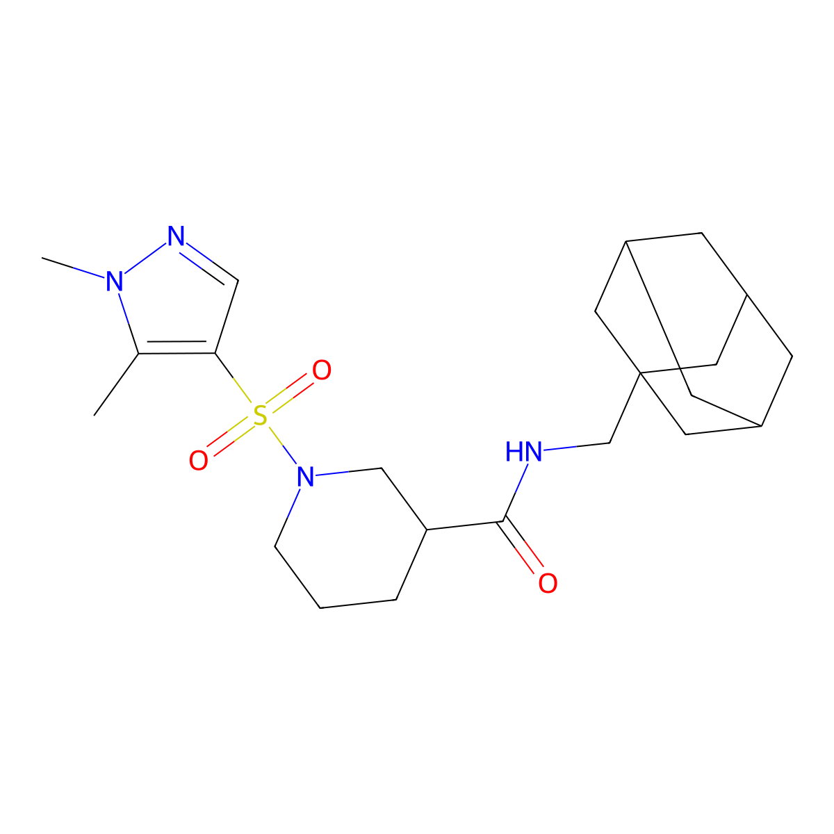 N-(1-adamantylmethyl)-1-(1,5-dimethylpyrazol-4-yl)sulfonylpiperidine-3-carboxamide molecular structure, CAS 1005567-14-5