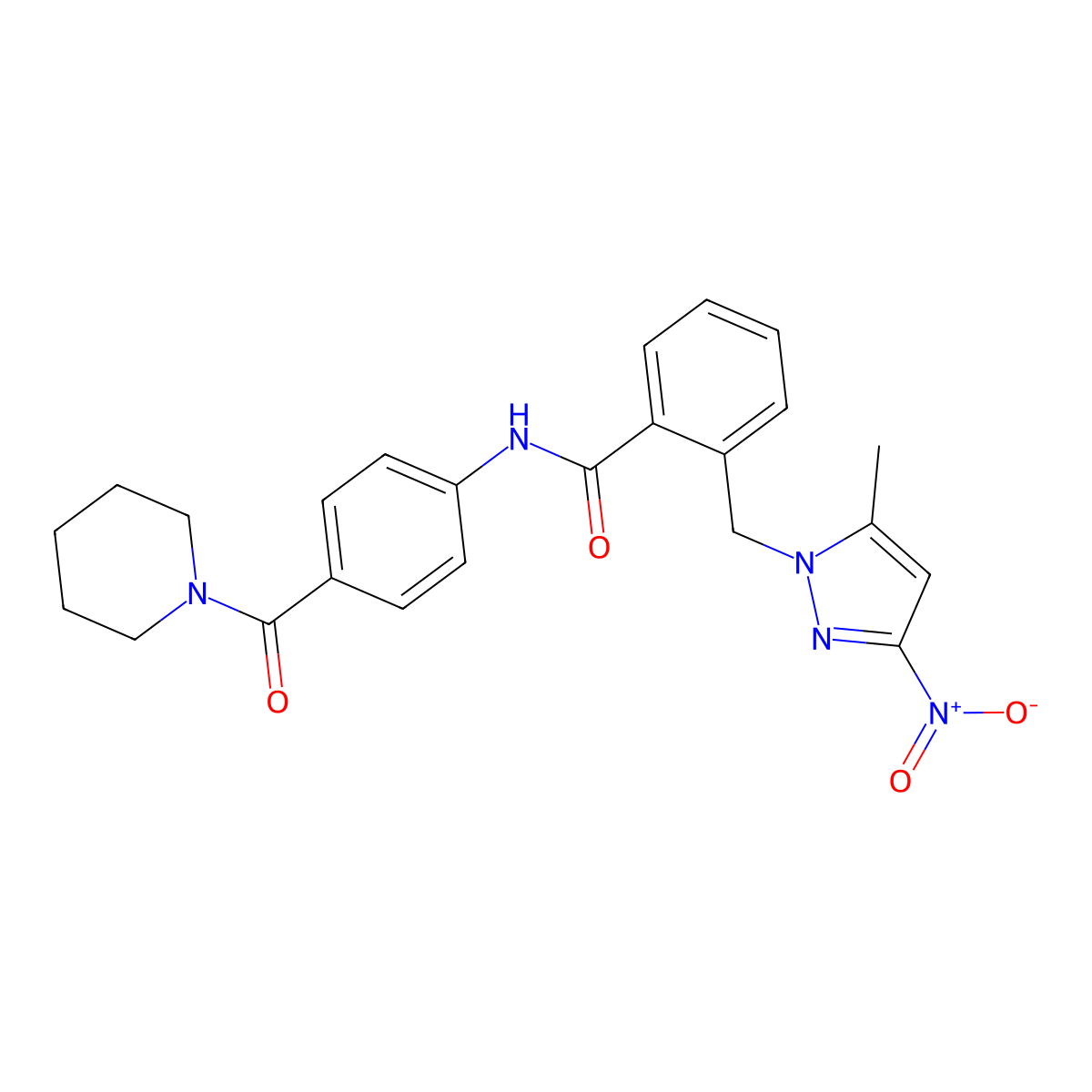 2-[(5-methyl-3-nitropyrazol-1-yl)methyl]-N-[4-(piperidine-1-carbonyl)phenyl]benzamide molecular structure, CAS 1005567-77-0