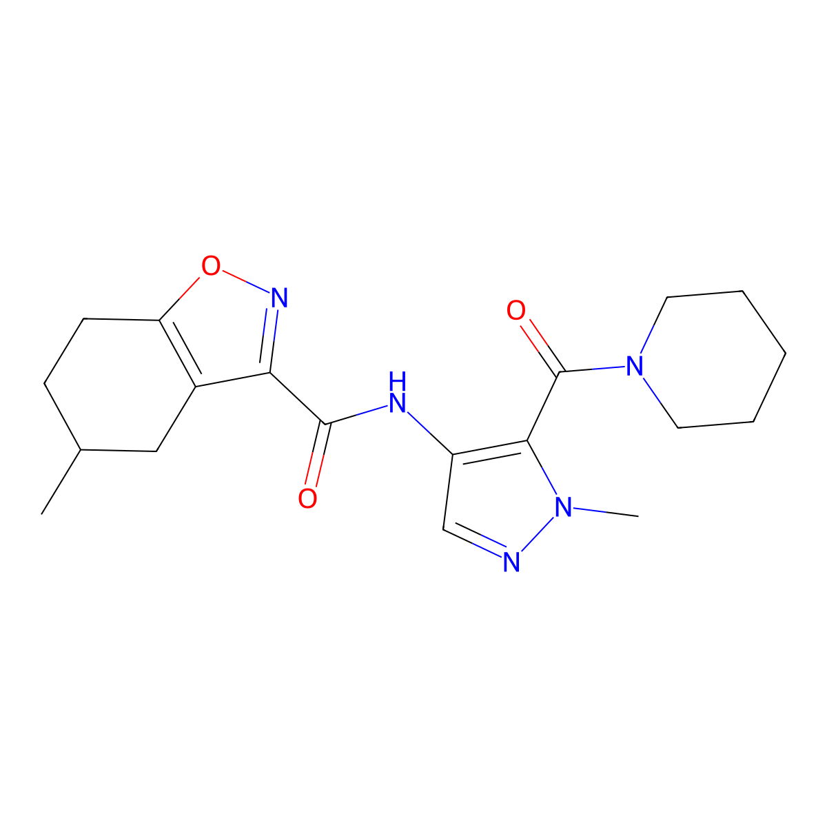 5-methyl-N-[1-methyl-5-(piperidin-1-ylcarbonyl)-1H-pyrazol-4-yl]-4,5,6,7-tetrahydro-1,2-benzoxazole-3-carboxamide molecular structure, CAS 1005567-84-9