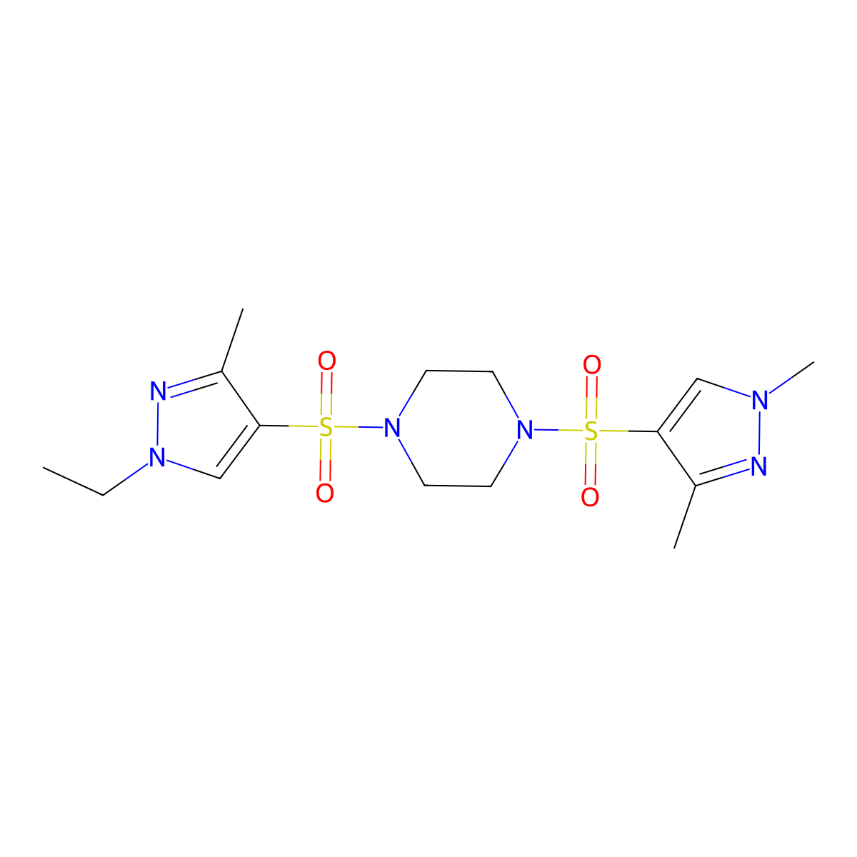 1-[(1,3-dimethyl-1H-pyrazol-4-yl)sulfonyl]-4-[(1-ethyl-3-methyl-1H-pyrazol-4-yl)sulfonyl]piperazine molecular structure, CAS 1005568-09-1