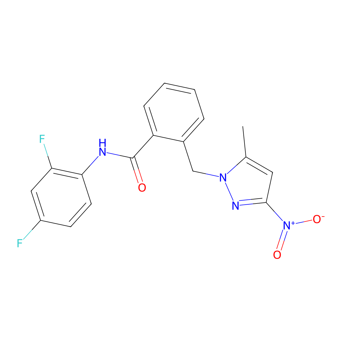 N-(2,4-difluorophenyl)-2-[(5-methyl-3-nitro-1H-pyrazol-1-yl)methyl]benzamide molecular structure, CAS 1005568-18-2