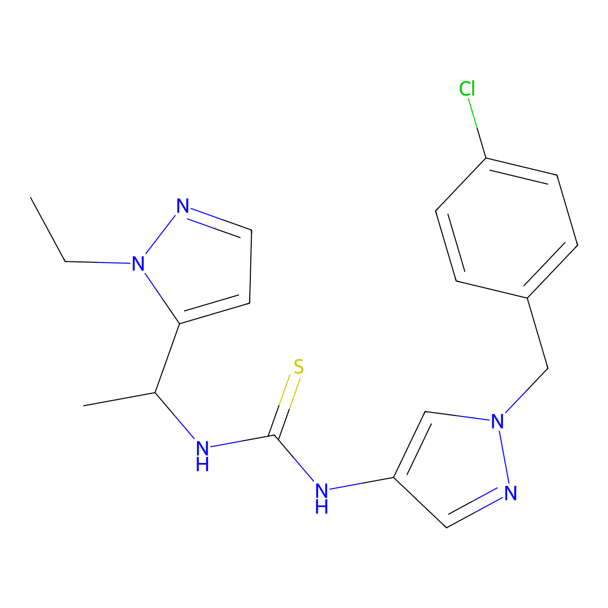 1-[1-(4-chlorobenzyl)-1H-pyrazol-4-yl]-3-[1-(1-ethyl-1H-pyrazol-5-yl)ethyl]thiourea molecular structure, CAS 1005568-36-4