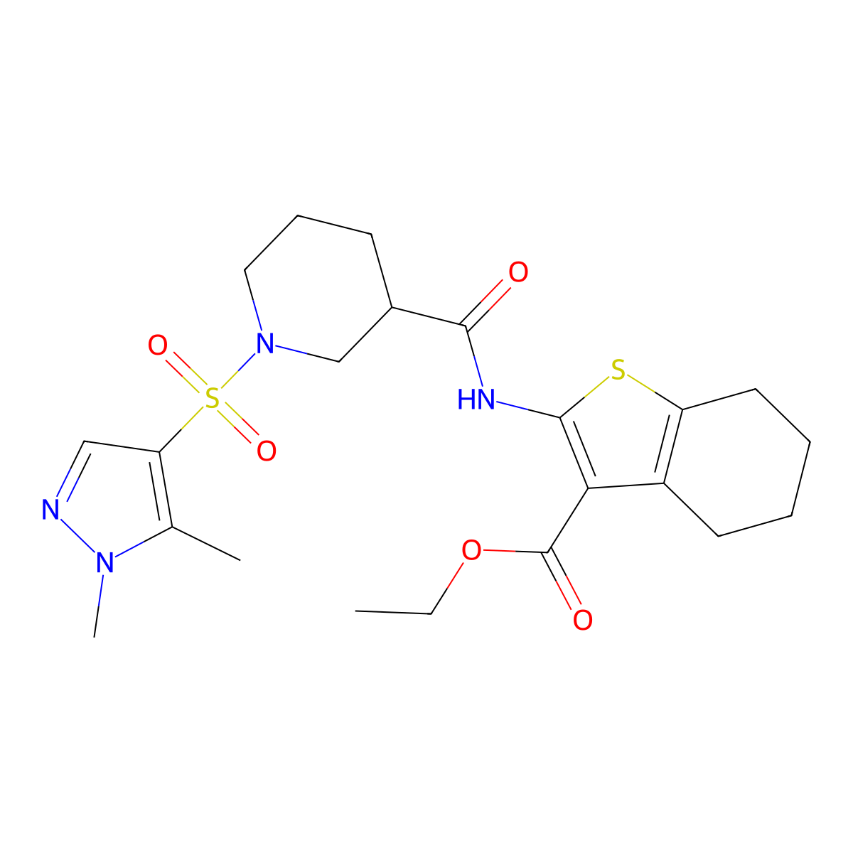 ethyl 2-[({1-[(1,5-dimethyl-1H-pyrazol-4-yl)sulfonyl]piperidin-3-yl}carbonyl)amino]-4,5,6,7-tetrahydro-1-benzothiophene-3-carboxylate molecular structure, CAS 1005568-50-2