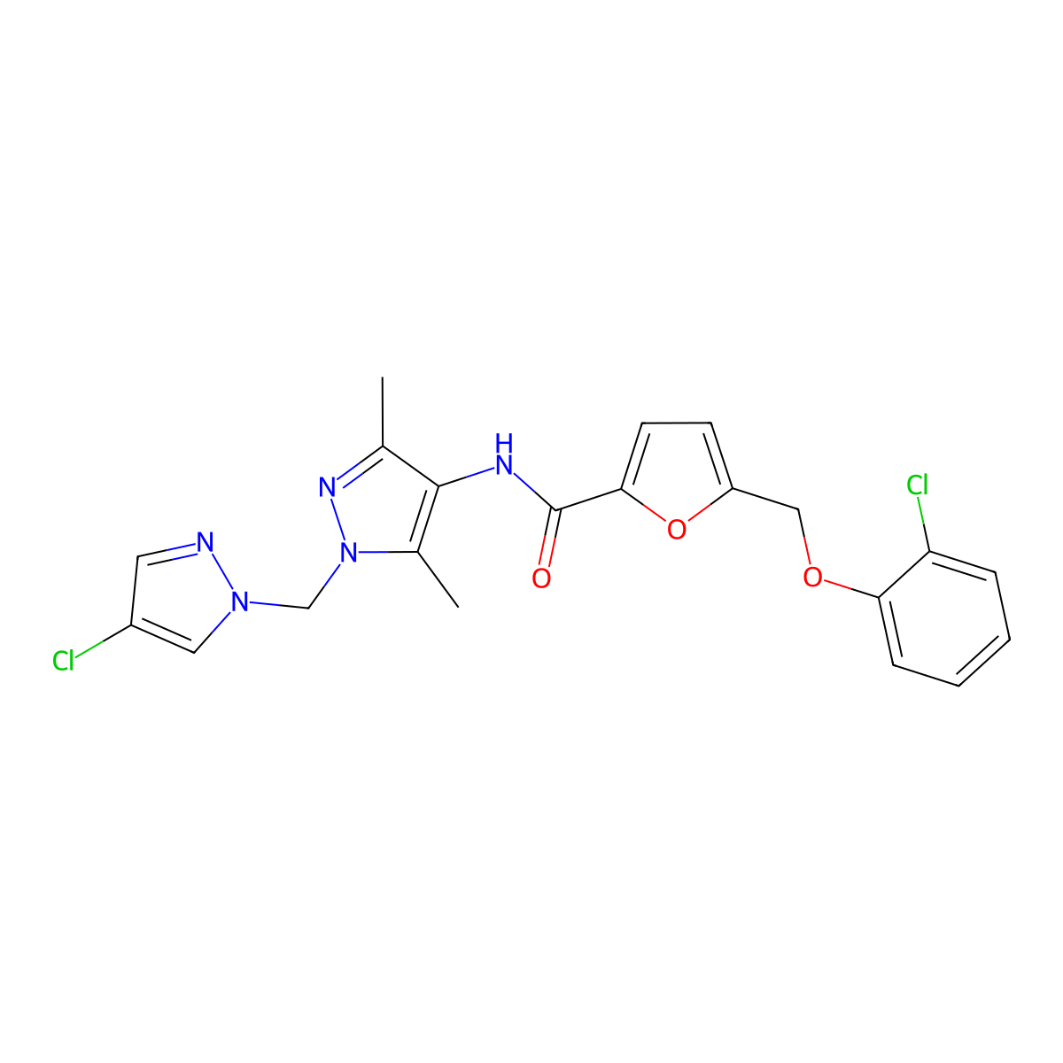 5-[(2-chlorophenoxy)methyl]-N-{1-[(4-chloro-1H-pyrazol-1-yl)methyl]-3,5-dimethyl-1H-pyrazol-4-yl}furan-2-carboxamide molecular structure, CAS 1005568-51-3