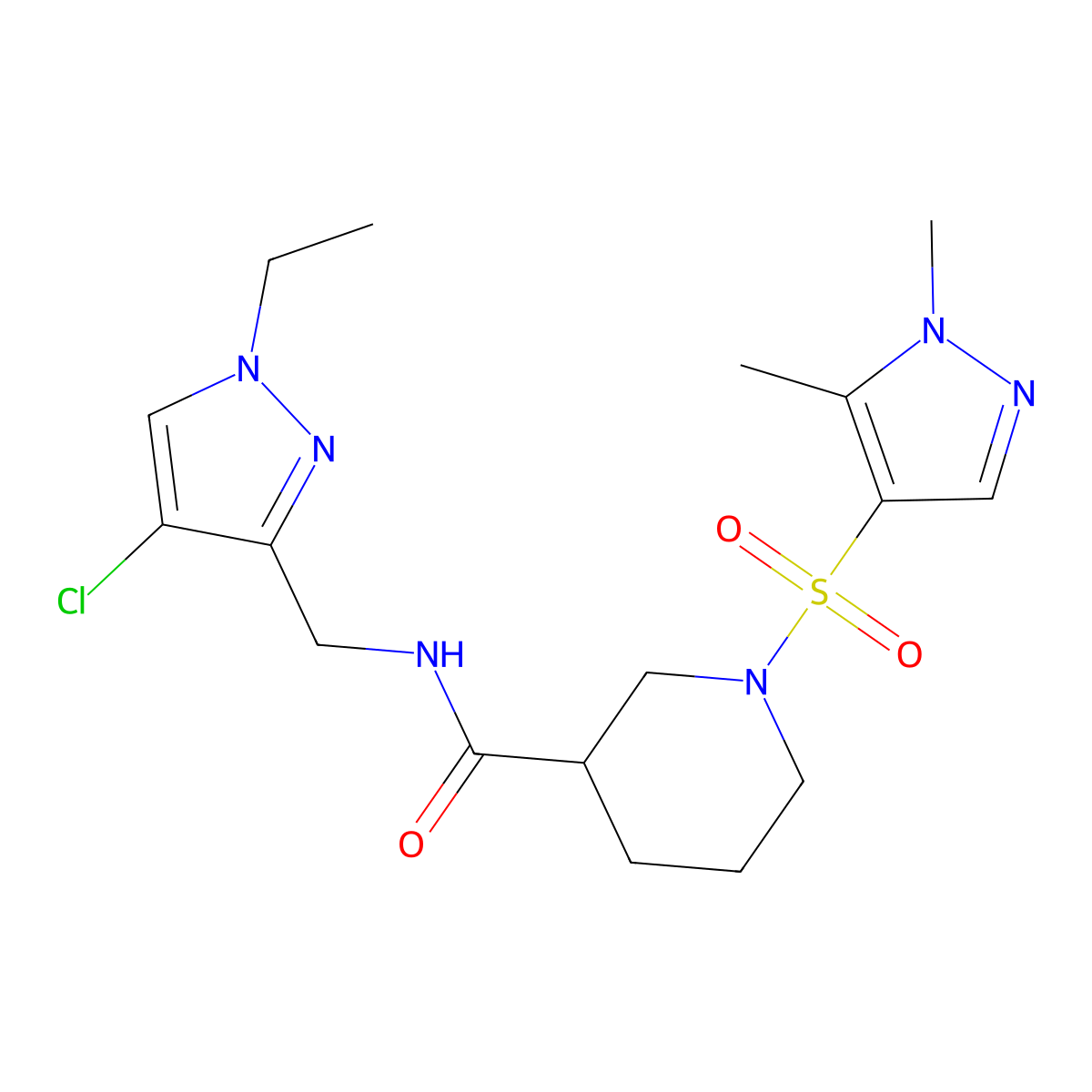 N-[(4-chloro-1-ethyl-1H-pyrazol-3-yl)methyl]-1-[(1,5-dimethyl-1H-pyrazol-4-yl)sulfonyl]piperidine-3-carboxamide molecular structure, CAS 1005568-84-2