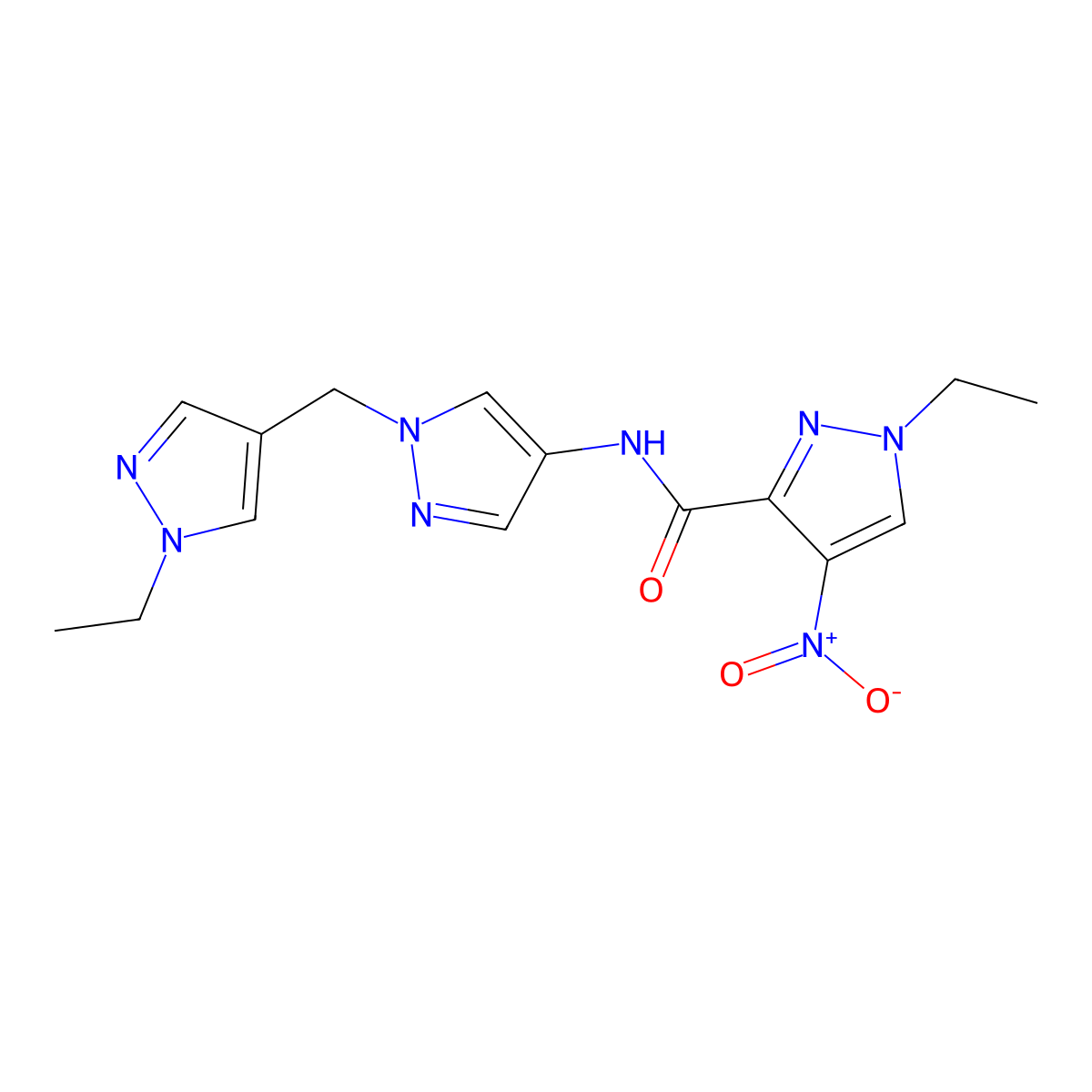 1-ethyl-N-{1-[(1-ethyl-1H-pyrazol-4-yl)methyl]-1H-pyrazol-4-yl}-4-nitro-1H-pyrazole-3-carboxamide molecular structure, CAS 1005569-22-1