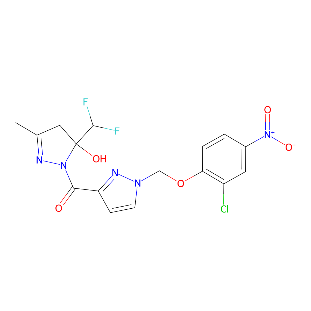 {1-[(2-chloro-4-nitrophenoxy)methyl]-1H-pyrazol-3-yl}[5-(difluoromethyl)-5-hydroxy-3-methyl-4,5-dihydro-1H-pyrazol-1-yl]methanone molecular structure, CAS 1005569-26-5