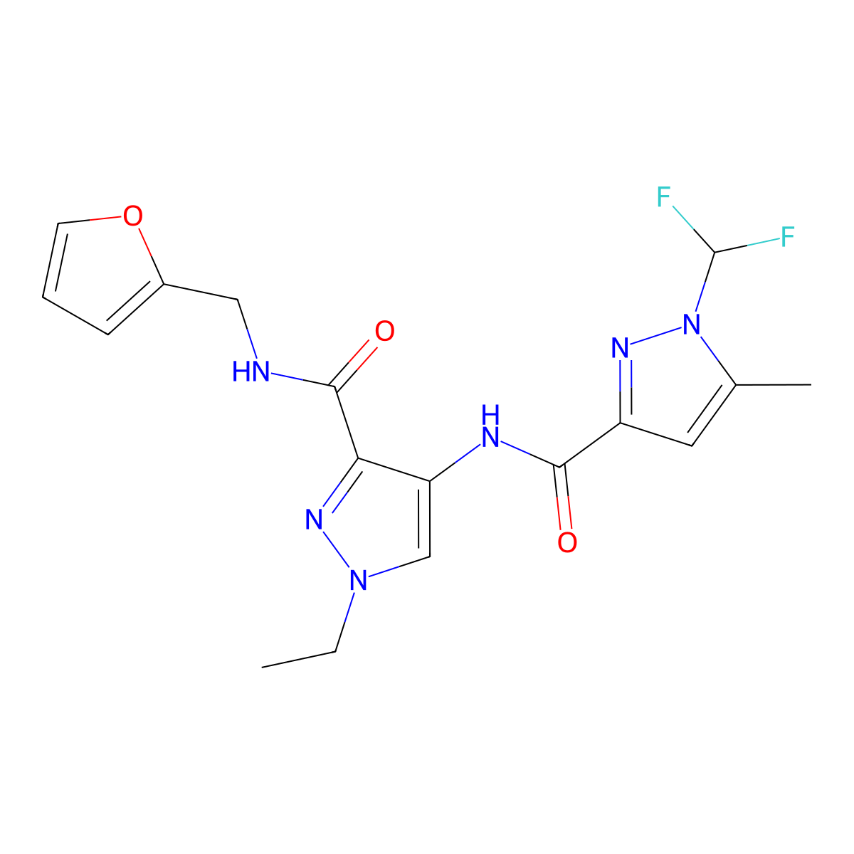 4-({[1-(difluoromethyl)-5-methyl-1H-pyrazol-3-yl]carbonyl}amino)-1-ethyl-N-(furan-2-ylmethyl)-1H-pyrazole-3-carboxamide molecular structure, CAS 1005569-46-9