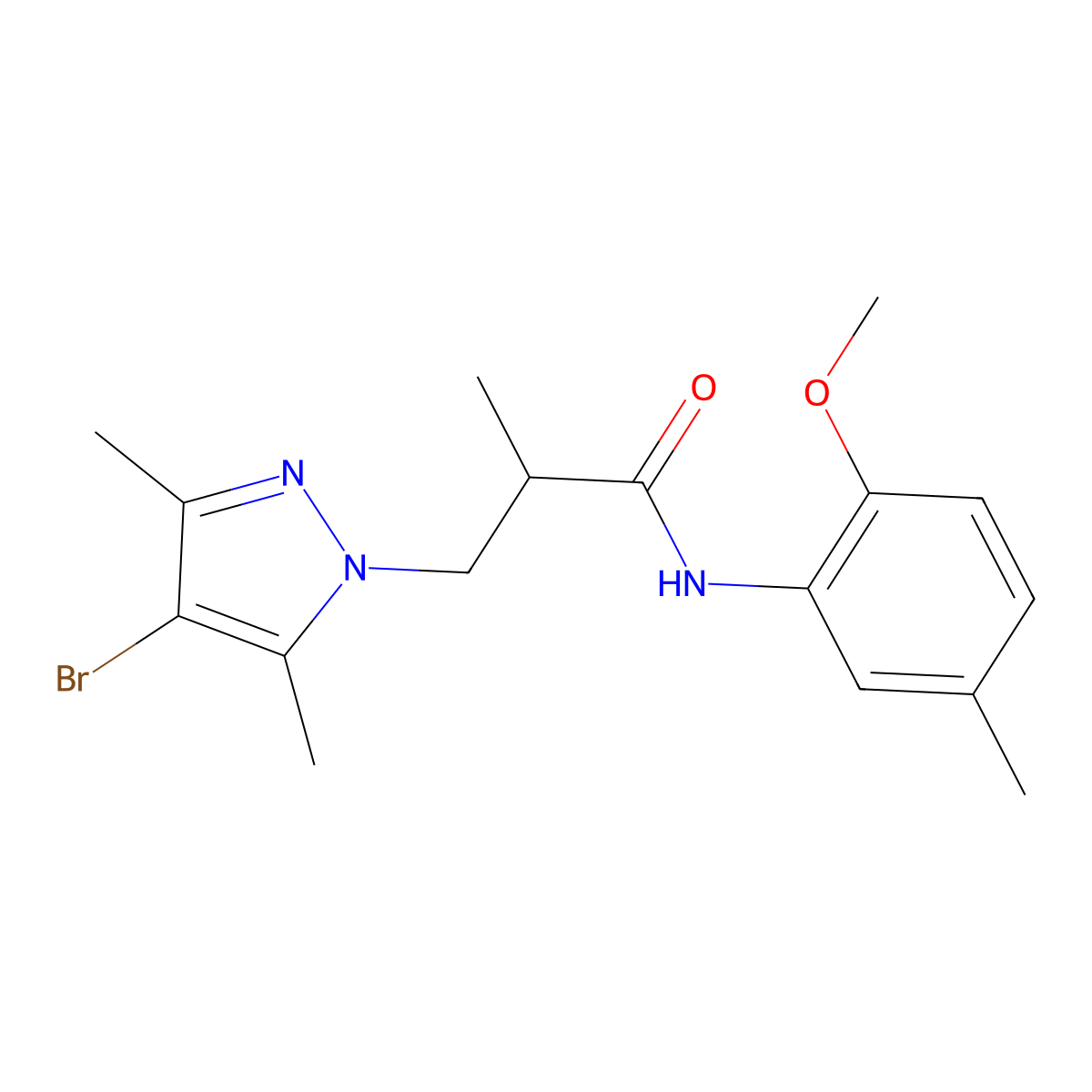 3-(4-bromo-3,5-dimethylpyrazol-1-yl)-N-(2-methoxy-5-methylphenyl)-2-methylpropanamide molecular structure, CAS 1005569-71-0