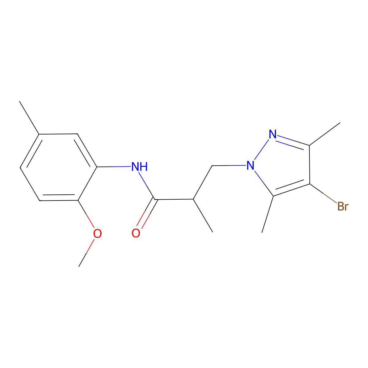 3-(4-bromo-3,5-dimethylpyrazol-1-yl)-N-(2-methoxy-5-methylphenyl)-2-methylpropanamide molecular structure, CAS 1005569-71-0