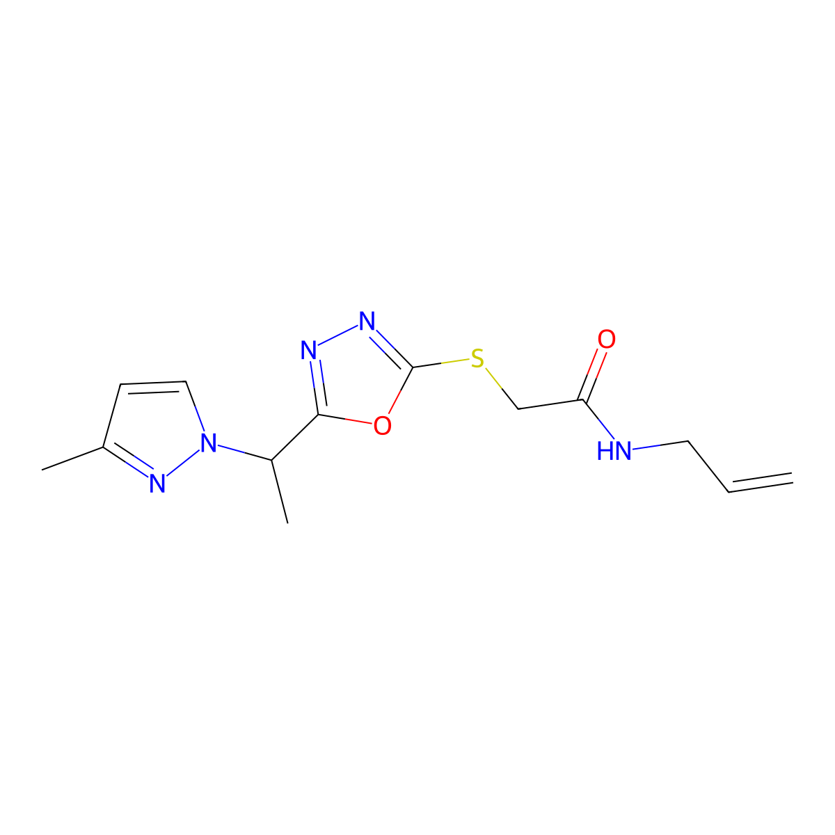 2-({5-[1-(3-methyl-1H-pyrazol-1-yl)ethyl]-1,3,4-oxadiazol-2-yl}sulfanyl)-N-(prop-2-en-1-yl)acetamide molecular structure, CAS 1005569-97-0