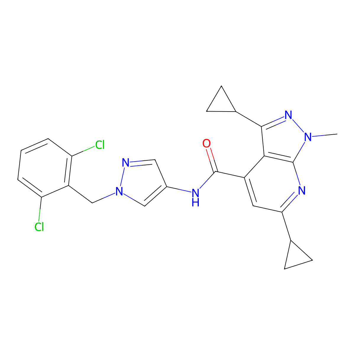 3,6-dicyclopropyl-N-[1-(2,6-dichlorobenzyl)-1H-pyrazol-4-yl]-1-methyl-1H-pyrazolo[3,4-b]pyridine-4-carboxamide molecular structure, CAS 1005570-18-2