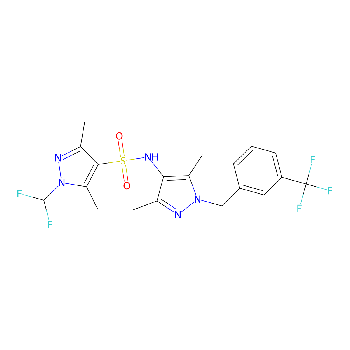 1-(difluoromethyl)-N-{3,5-dimethyl-1-[3-(trifluoromethyl)benzyl]-1H-pyrazol-4-yl}-3,5-dimethyl-1H-pyrazole-4-sulfonamide molecular structure, CAS 1005570-87-5