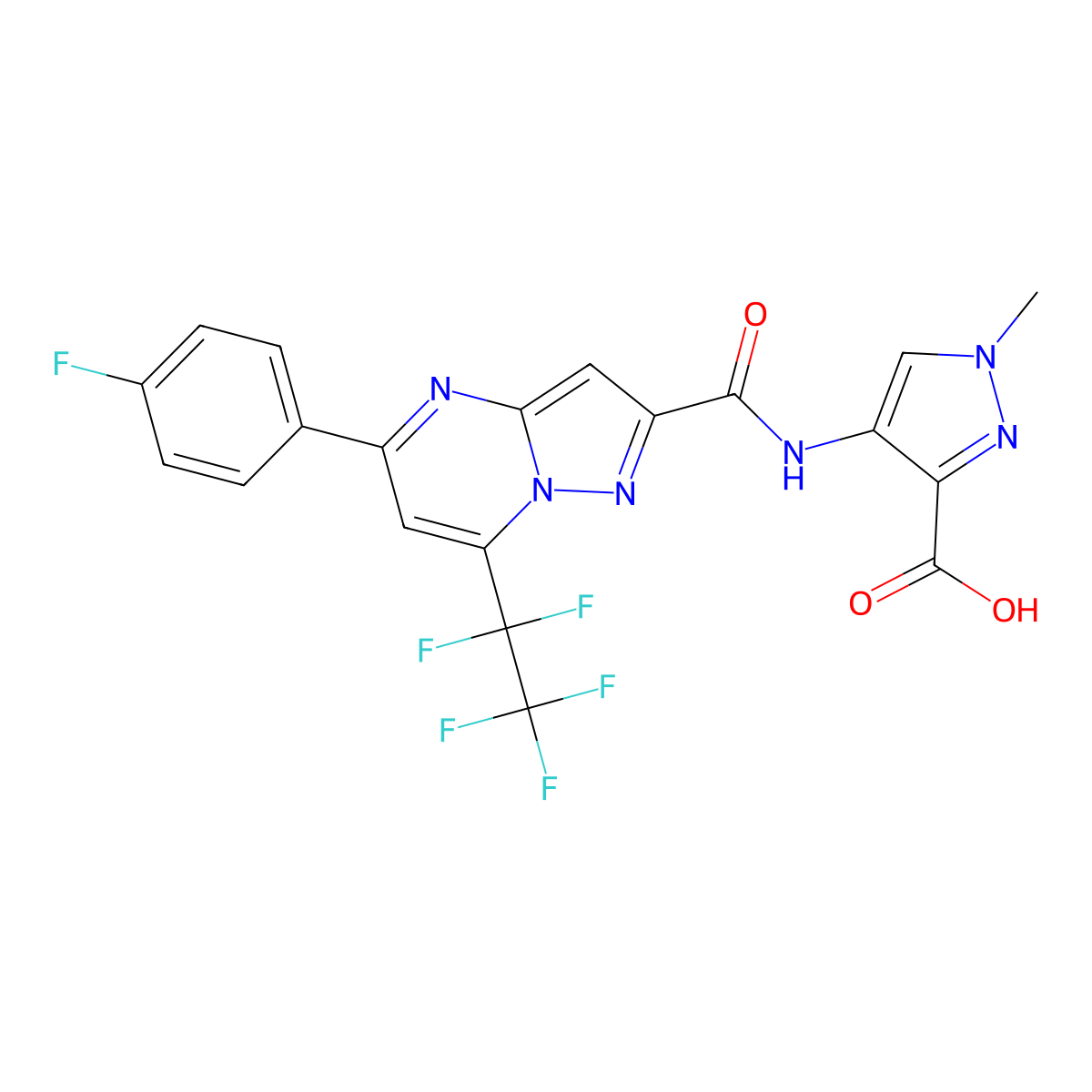 4-({[5-(4-fluorophenyl)-7-(pentafluoroethyl)pyrazolo[1,5-a]pyrimidin-2-yl]carbonyl}amino)-1-methyl-1H-pyrazole-3-carboxylic acid molecular structure, CAS 1005570-94-4