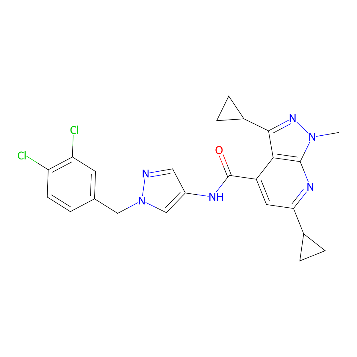 3,6-dicyclopropyl-N-[1-(3,4-dichlorobenzyl)-1H-pyrazol-4-yl]-1-methyl-1H-pyrazolo[3,4-b]pyridine-4-carboxamide molecular structure, CAS 1005571-12-9
