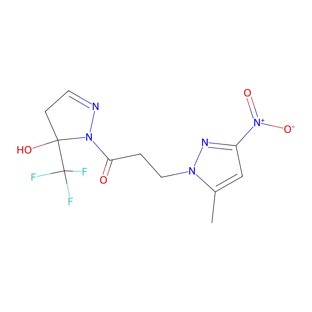 1-[5-hydroxy-5-(trifluoromethyl)-4,5-dihydro-1H-pyrazol-1-yl]-3-(5-methyl-3-nitro-1H-pyrazol-1-yl)propan-1-one molecular structure, CAS 1005571-21-0