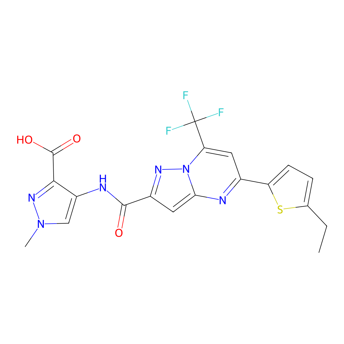 4-({[5-(5-ethylthiophen-2-yl)-7-(trifluoromethyl)pyrazolo[1,5-a]pyrimidin-2-yl]carbonyl}amino)-1-methyl-1H-pyrazole-3-carboxylic acid molecular structure, CAS 1005571-32-3