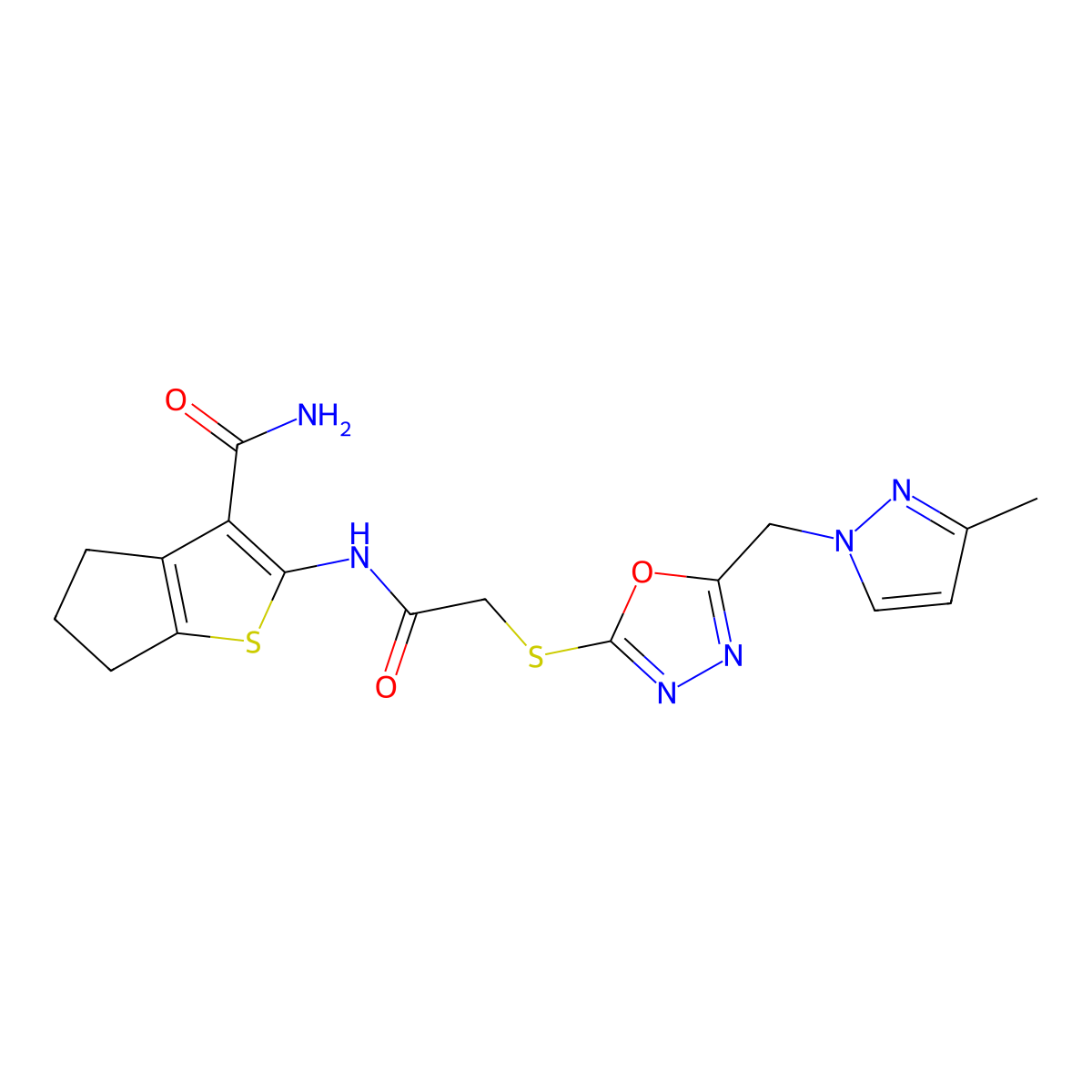 2-{[({5-[(3-methyl-1H-pyrazol-1-yl)methyl]-1,3,4-oxadiazol-2-yl}sulfanyl)acetyl]amino}-5,6-dihydro-4H-cyclopenta[b]thiophene-3-carboxamide molecular structure, CAS 1005571-40-3