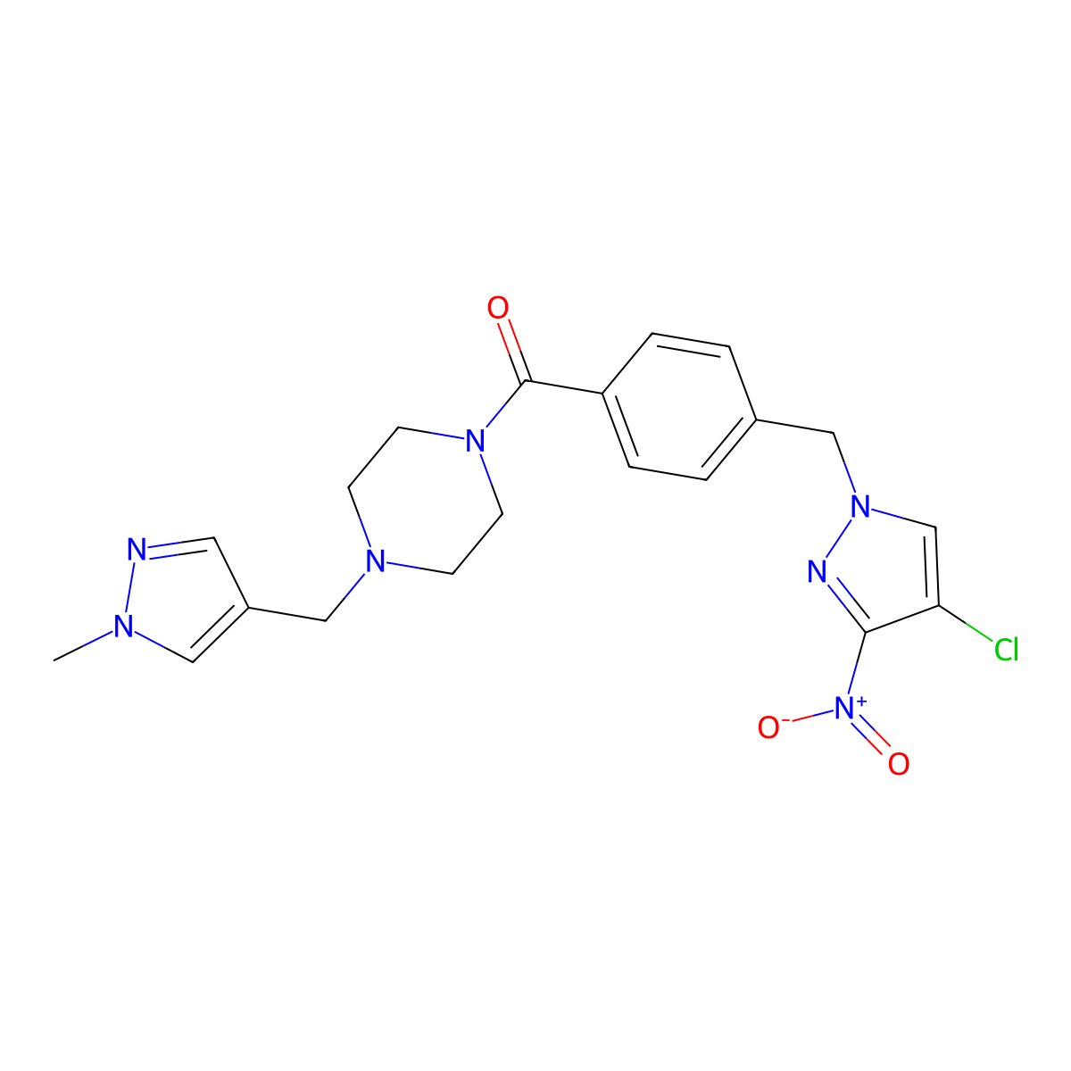 {4-[(4-chloro-3-nitro-1H-pyrazol-1-yl)methyl]phenyl}{4-[(1-methyl-1H-pyrazol-4-yl)methyl]piperazino}methanone molecular structure, CAS 1005571-56-1