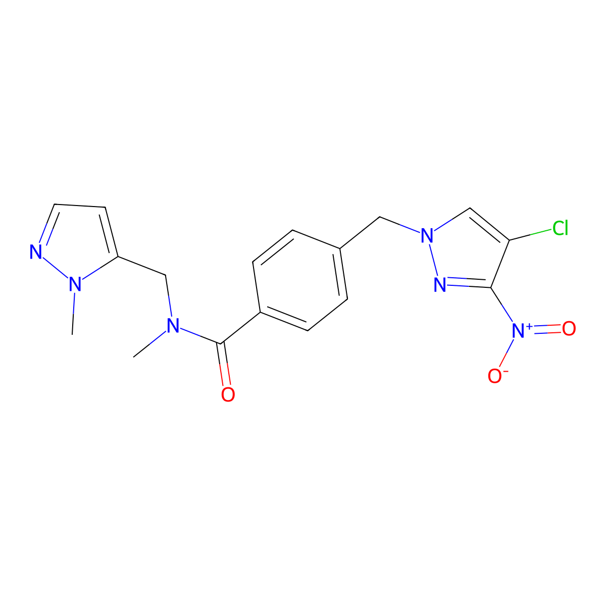 4-((4-Chloro-3-nitro-1H-pyrazol-1-yl)methyl)-N-methyl-N-((1-methyl-1H-pyrazol-5-yl)methyl)benzamide molecular structure, CAS 1005571-61-8
