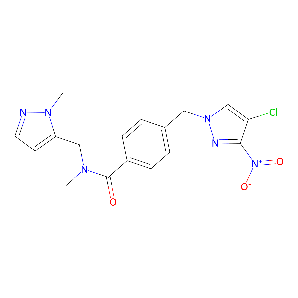 4-((4-Chloro-3-nitro-1H-pyrazol-1-yl)methyl)-N-methyl-N-((1-methyl-1H-pyrazol-5-yl)methyl)benzamide molecular structure, CAS 1005571-61-8