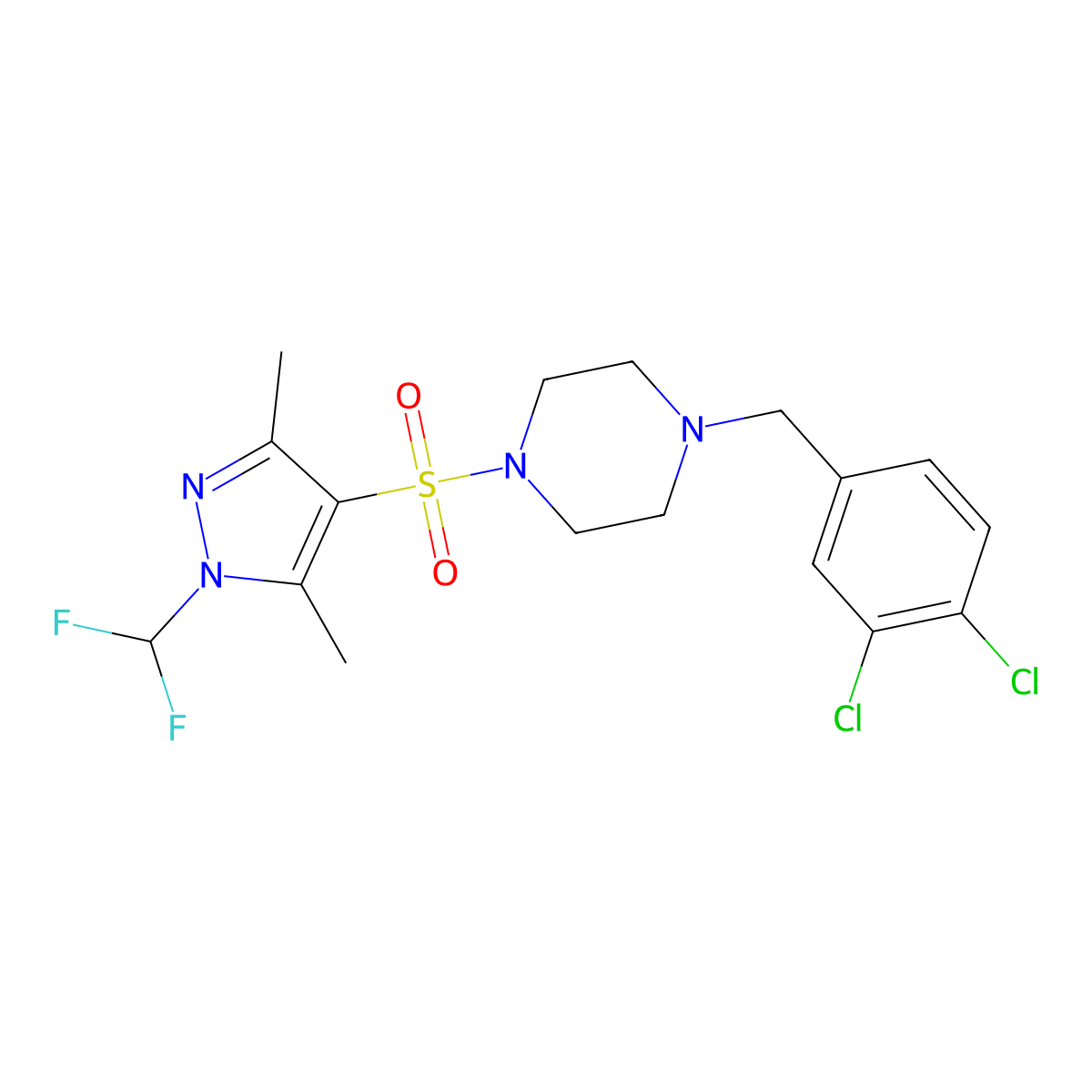 1-(3,4-dichlorobenzyl)-4-{[1-(difluoromethyl)-3,5-dimethyl-1H-pyrazol-4-yl]sulfonyl}piperazine molecular structure, CAS 1005572-01-9