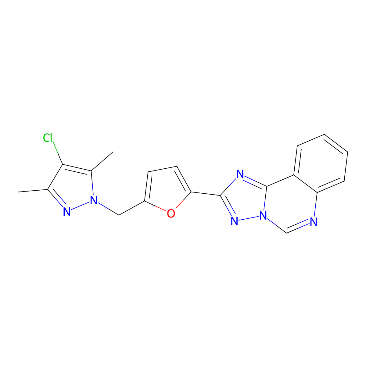 2-{5-[(4-chloro-3,5-dimethyl-1H-pyrazol-1-yl)methyl]-2-furyl}[1,2,4]triazolo[1,5-c]quinazoline molecular structure, CAS 1005572-03-1
