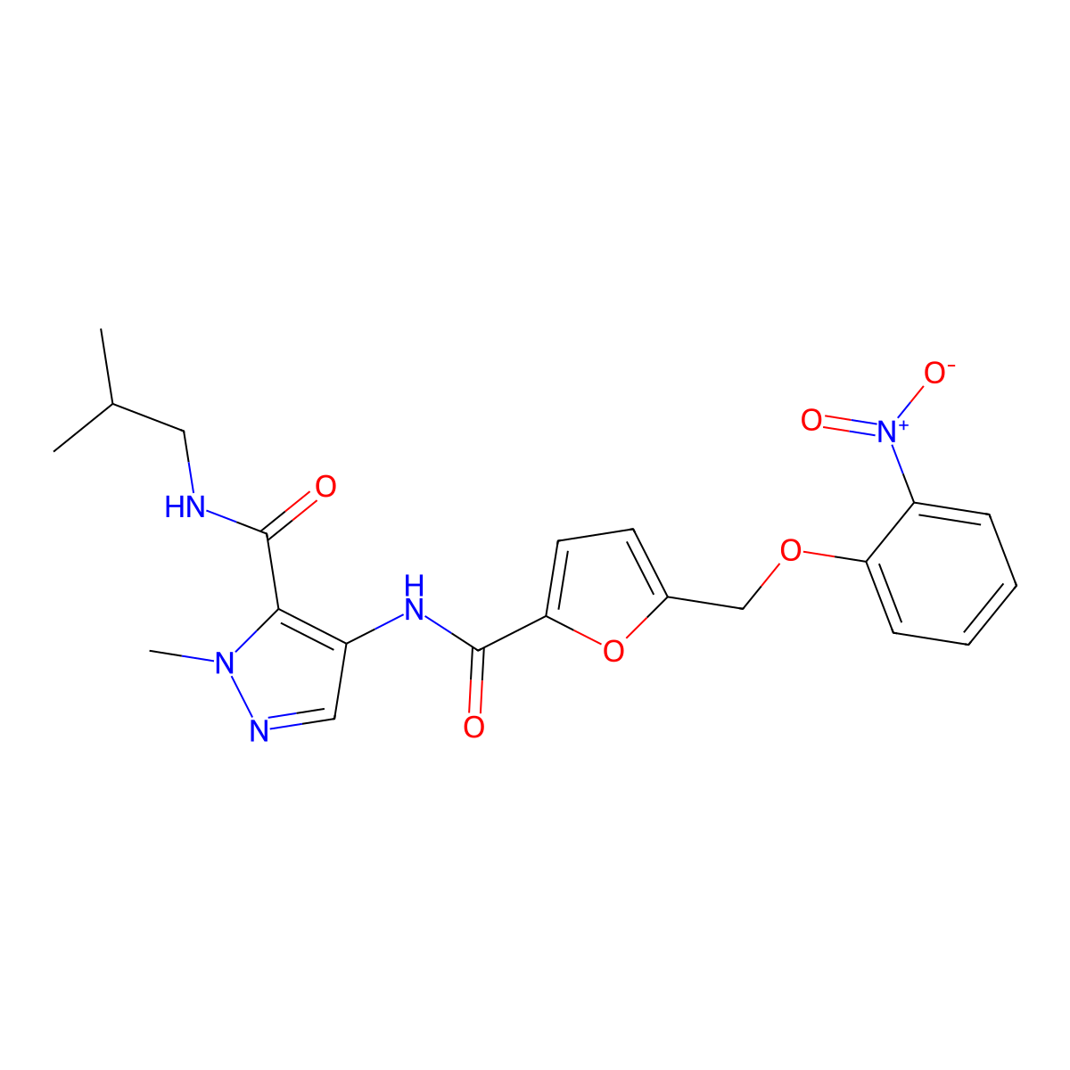 1-methyl-N-(2-methylpropyl)-4-[({5-[(2-nitrophenoxy)methyl]furan-2-yl}carbonyl)amino]-1H-pyrazole-5-carboxamide molecular structure, CAS 1005572-29-1