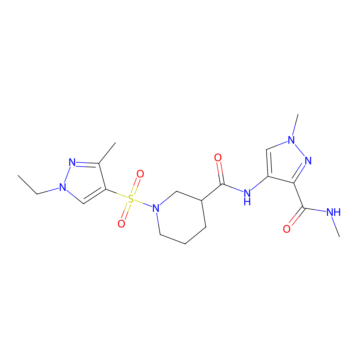 1-[(1-ethyl-3-methyl-1H-pyrazol-4-yl)sulfonyl]-N-[1-methyl-3-(methylcarbamoyl)-1H-pyrazol-4-yl]piperidine-3-carboxamide molecular structure, CAS 1005572-52-0