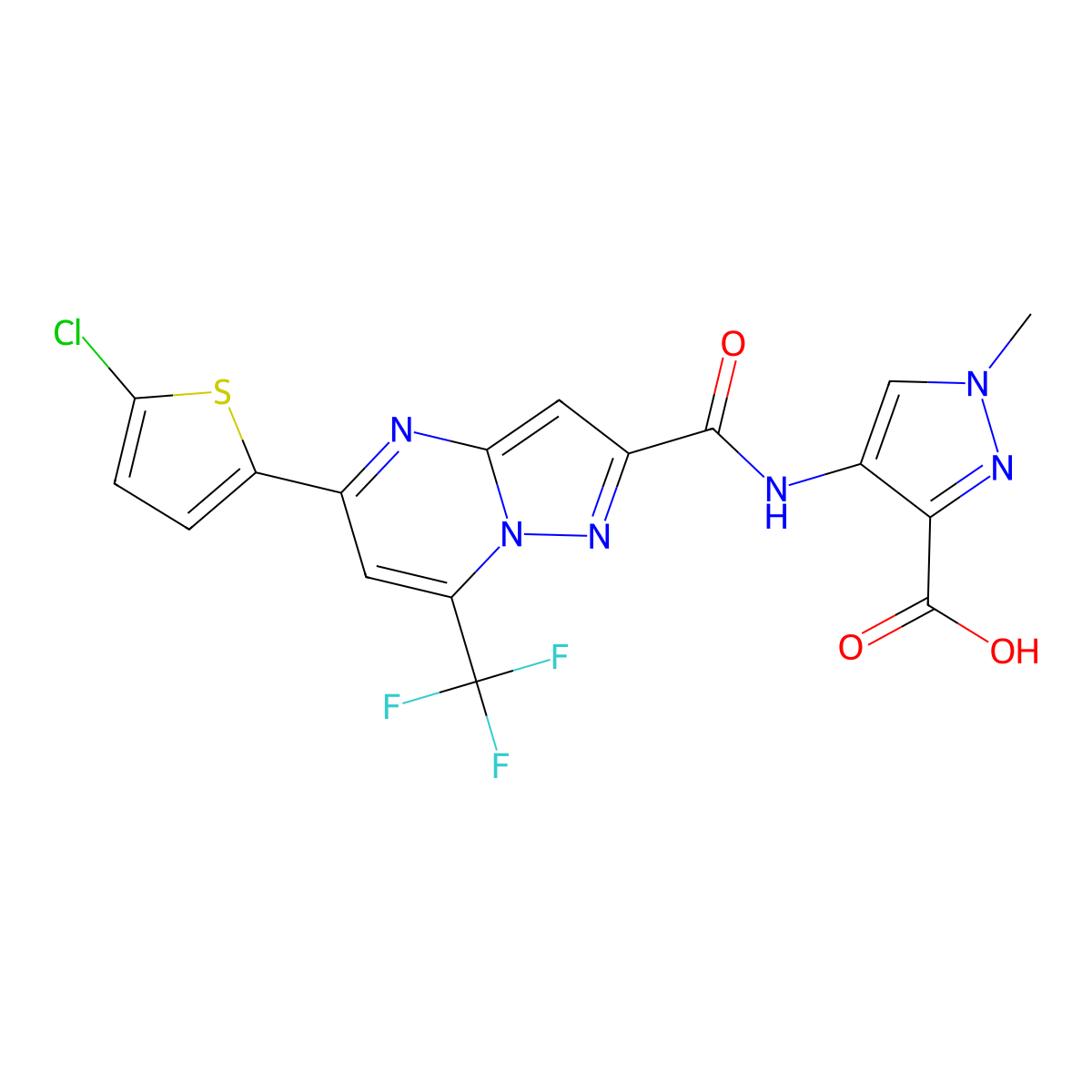 4-({[5-(5-Chloro-2-thienyl)-7-(trifluoromethyl)pyrazolo[1,5-A]pyrimidin-2-YL]carbonyl}amino)-1-methyl-1H-pyrazole-3-carboxylic acid molecular structure, CAS 1005572-88-2