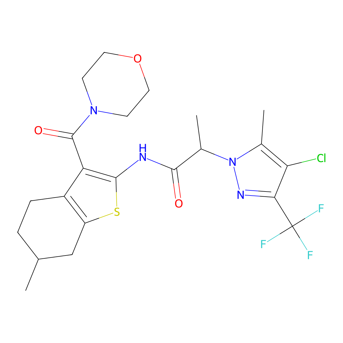 2-[4-chloro-5-methyl-3-(trifluoromethyl)-1H-pyrazol-1-yl]-N-[6-methyl-3-(morpholin-4-ylcarbonyl)-4,5,6,7-tetrahydro-1-benzothiophen-2-yl]propanamide molecular structure, CAS 1005572-99-5