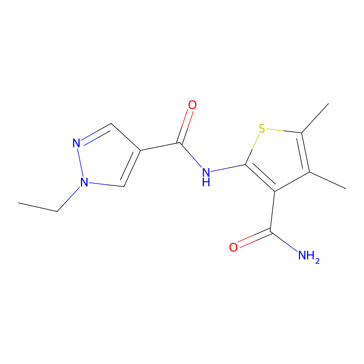 N-(3-carbamoyl-4,5-dimethylthiophen-2-yl)-1-ethylpyrazole-4-carboxamide molecular structure, CAS 1005573-04-5