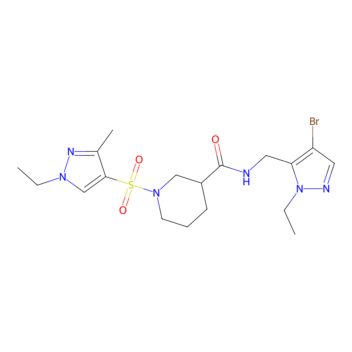 N-[(4-bromo-1-ethyl-1H-pyrazol-5-yl)methyl]-1-[(1-ethyl-3-methyl-1H-pyrazol-4-yl)sulfonyl]piperidine-3-carboxamide molecular structure, CAS 1005573-21-6