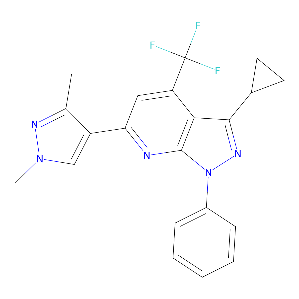 3-Cyclopropyl-6-(1,3-dimethyl-1H-pyrazol-4-yl)-1-phenyl-4-(trifluoromethyl)-1H-pyrazolo(3,4-b)pyridine molecular structure, CAS 1005573-28-3