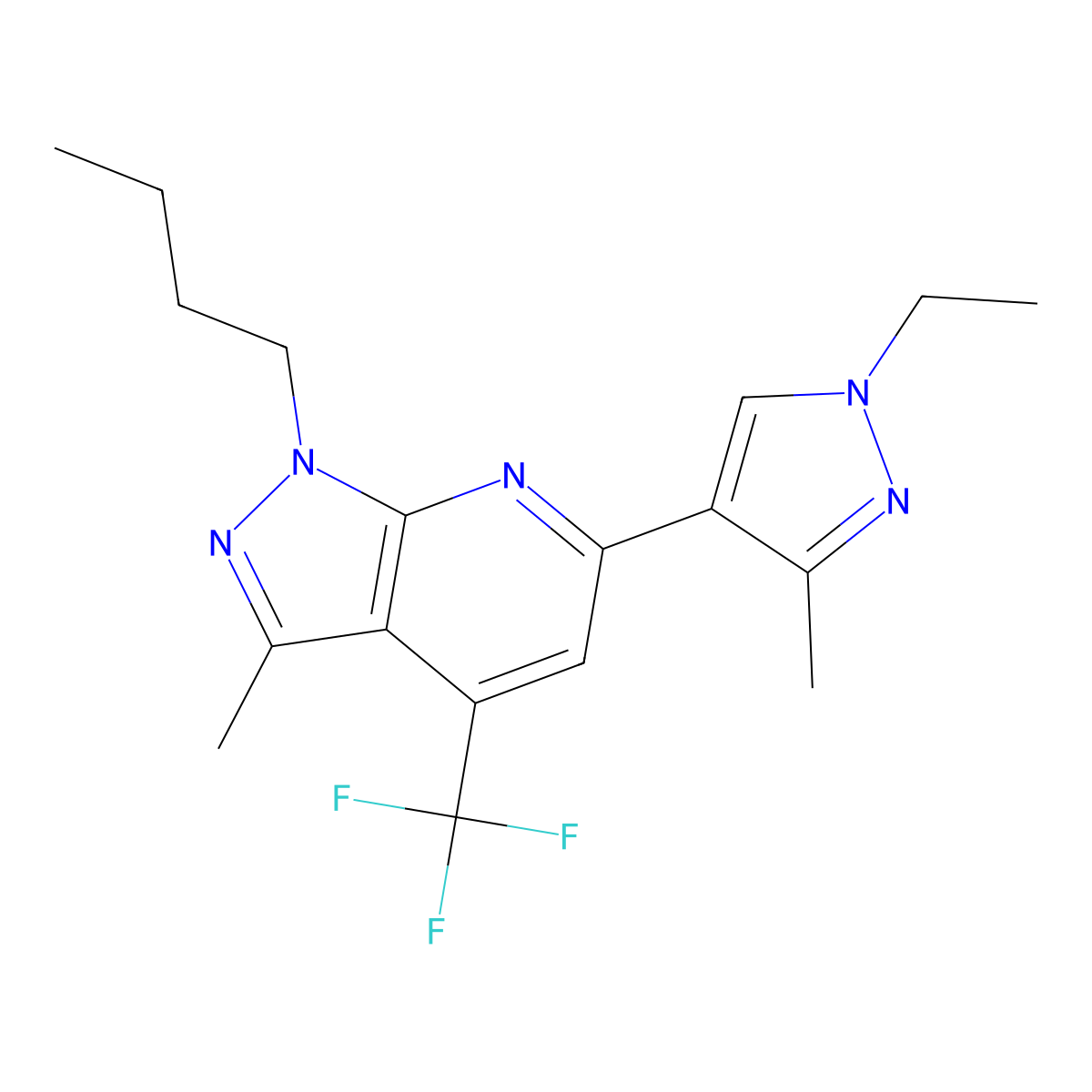 1-butyl-6-(1-ethyl-3-methyl-1H-pyrazol-4-yl)-3-methyl-4-(trifluoromethyl)-1H-pyrazolo[3,4-b]pyridine molecular structure, CAS 1005573-90-9