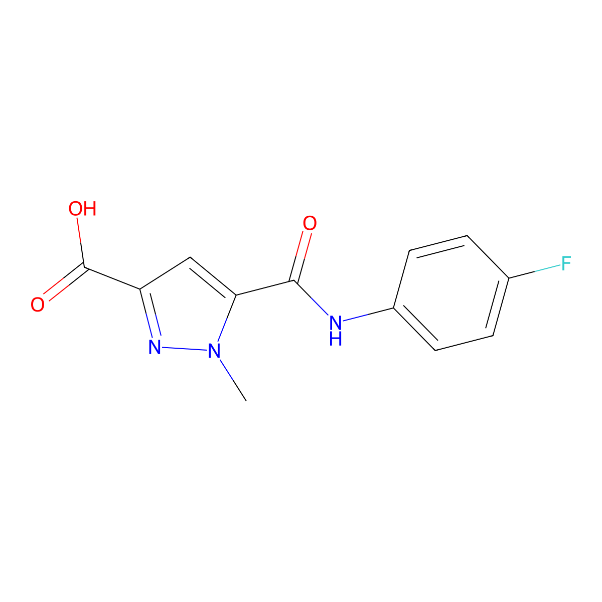 5-((4-fluorophenyl)carbamoyl)-1-methyl-1H-pyrazole-3-carboxylic acid molecular structure, CAS 1005574-36-6