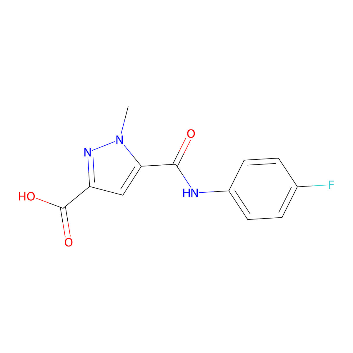 5-((4-fluorophenyl)carbamoyl)-1-methyl-1H-pyrazole-3-carboxylic acid molecular structure, CAS 1005574-36-6