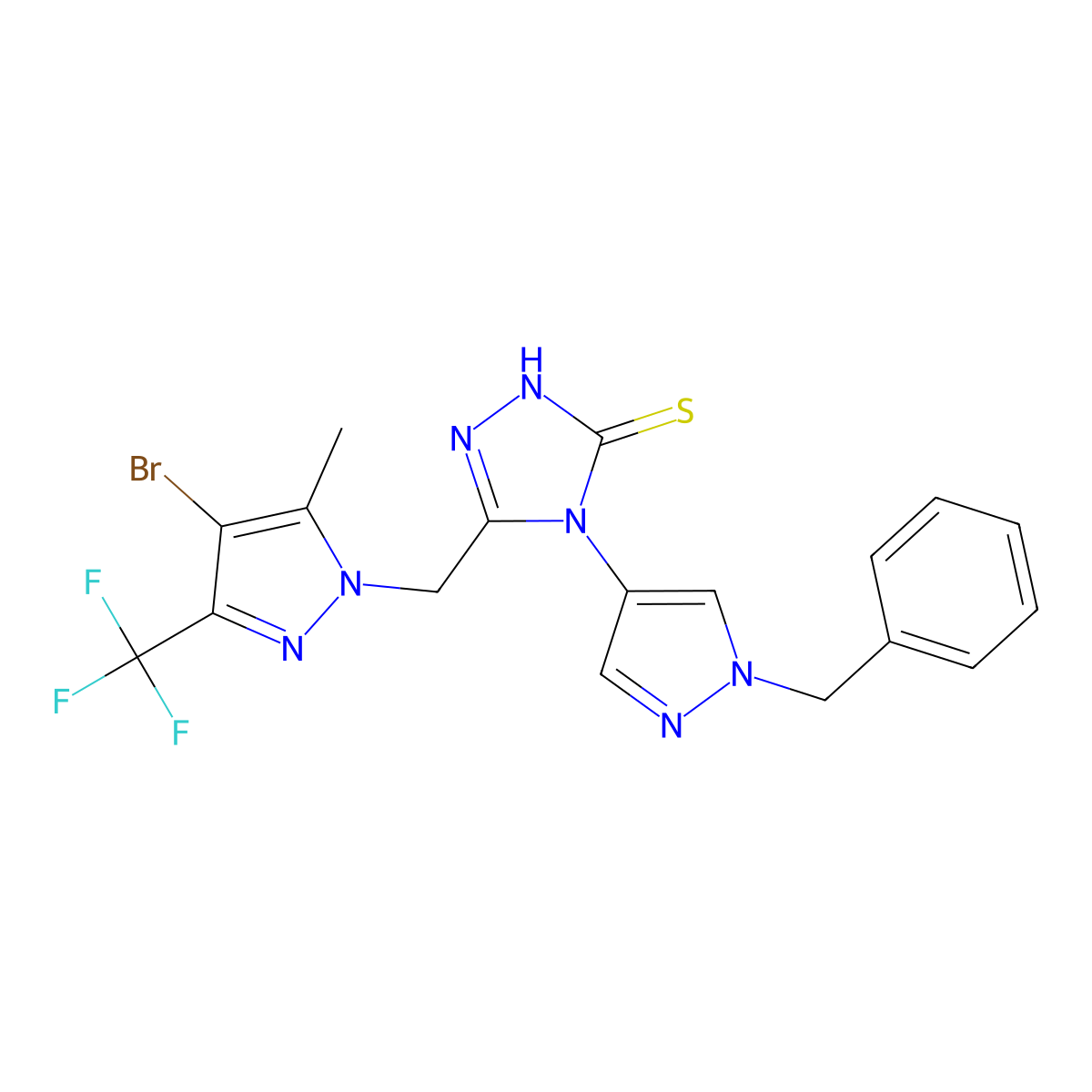 4-(1-benzyl-1H-pyrazol-4-yl)-5-{[4-bromo-5-methyl-3-(trifluoromethyl)-1H-pyrazol-1-yl]methyl}-4H-1,2,4-triazole-3-thiol molecular structure, CAS 1005574-66-2
