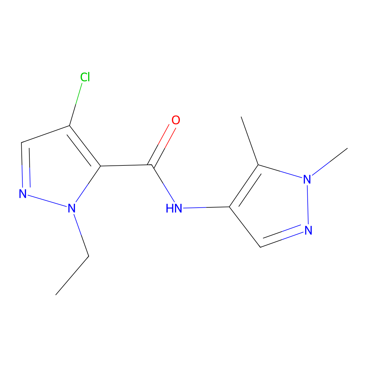 4-chloro-N-(1,5-dimethylpyrazol-4-yl)-2-ethylpyrazole-3-carboxamide molecular structure, CAS 1005574-90-2