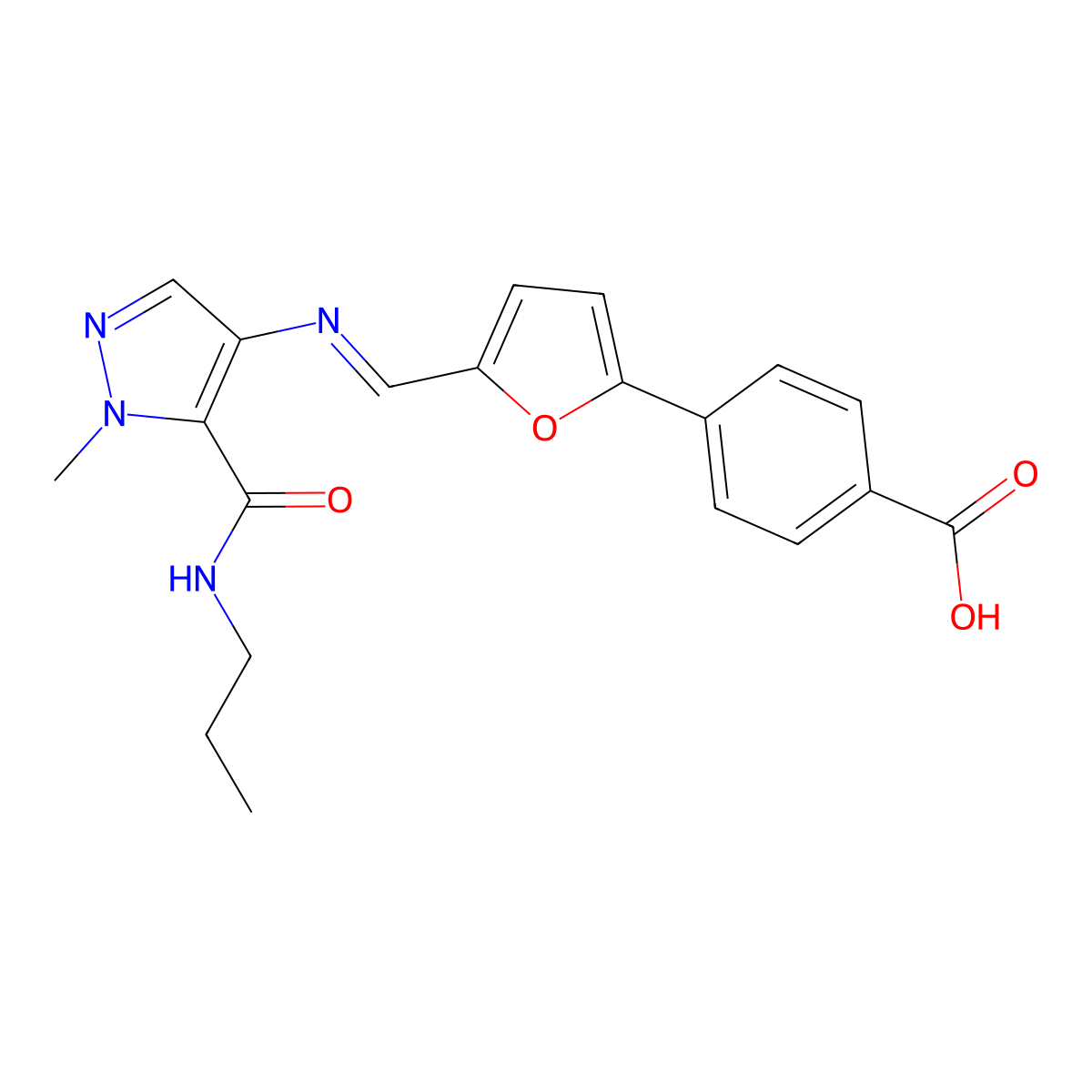 4-{5-[(E)-{[1-methyl-5-(propylcarbamoyl)-1H-pyrazol-4-yl]imino}methyl]furan-2-yl}benzoic acid molecular structure, CAS 1005575-20-1