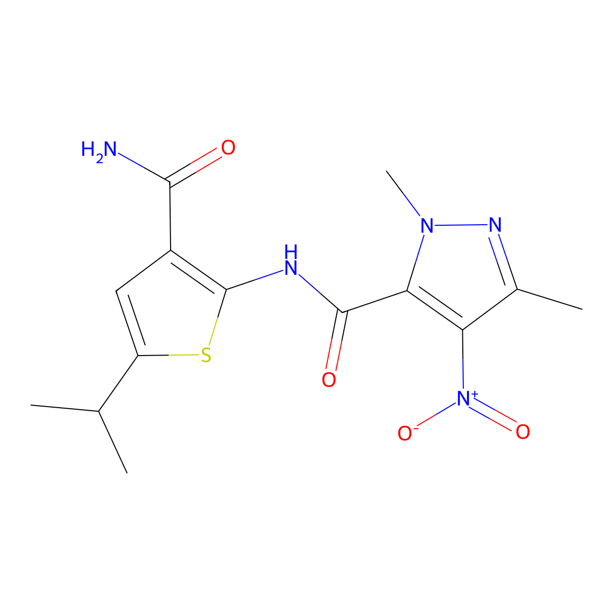 N-(3-carbamoyl-5-propan-2-ylthiophen-2-yl)-2,5-dimethyl-4-nitropyrazole-3-carboxamide molecular structure, CAS 1005575-57-4