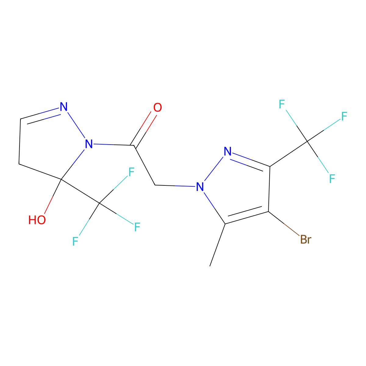 2-[4-bromo-5-methyl-3-(trifluoromethyl)-1H-pyrazol-1-yl]-1-[5-hydroxy-5-(trifluoromethyl)-4,5-dihydro-1H-pyrazol-1-yl]ethanone molecular structure, CAS 1005576-71-5