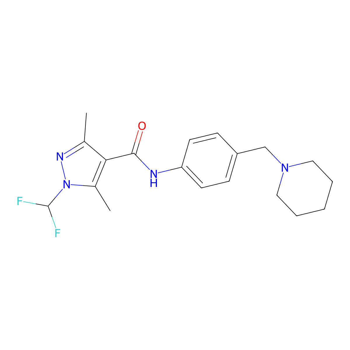 1-(difluoromethyl)-3,5-dimethyl-N-[4-(piperidin-1-ylmethyl)phenyl]pyrazole-4-carboxamide molecular structure, CAS 1005576-95-3