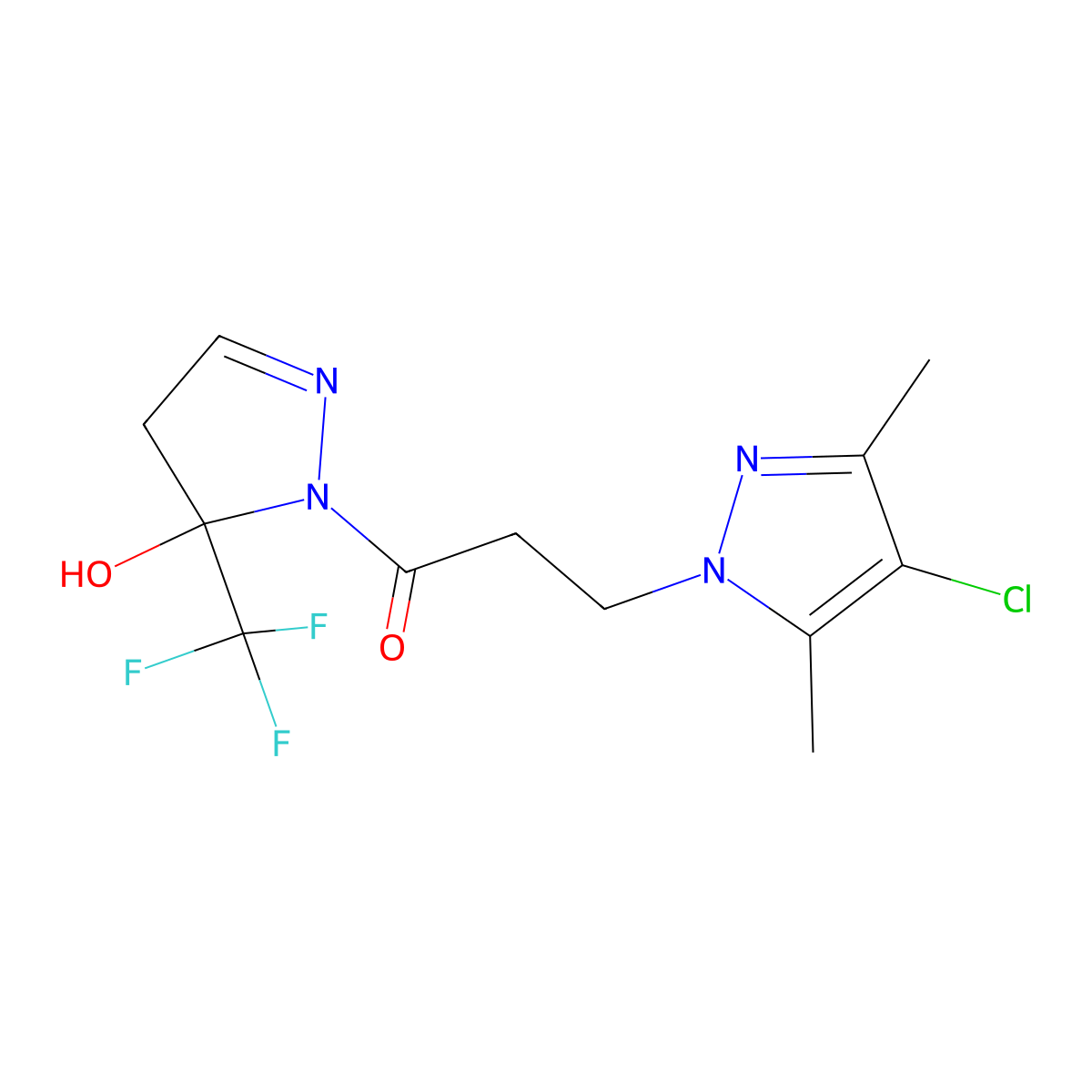 3-(4-chloro-3,5-dimethyl-1H-pyrazol-1-yl)-1-[5-hydroxy-5-(trifluoromethyl)-4,5-dihydro-1H-pyrazol-1-yl]propan-1-one molecular structure, CAS 1005577-17-2