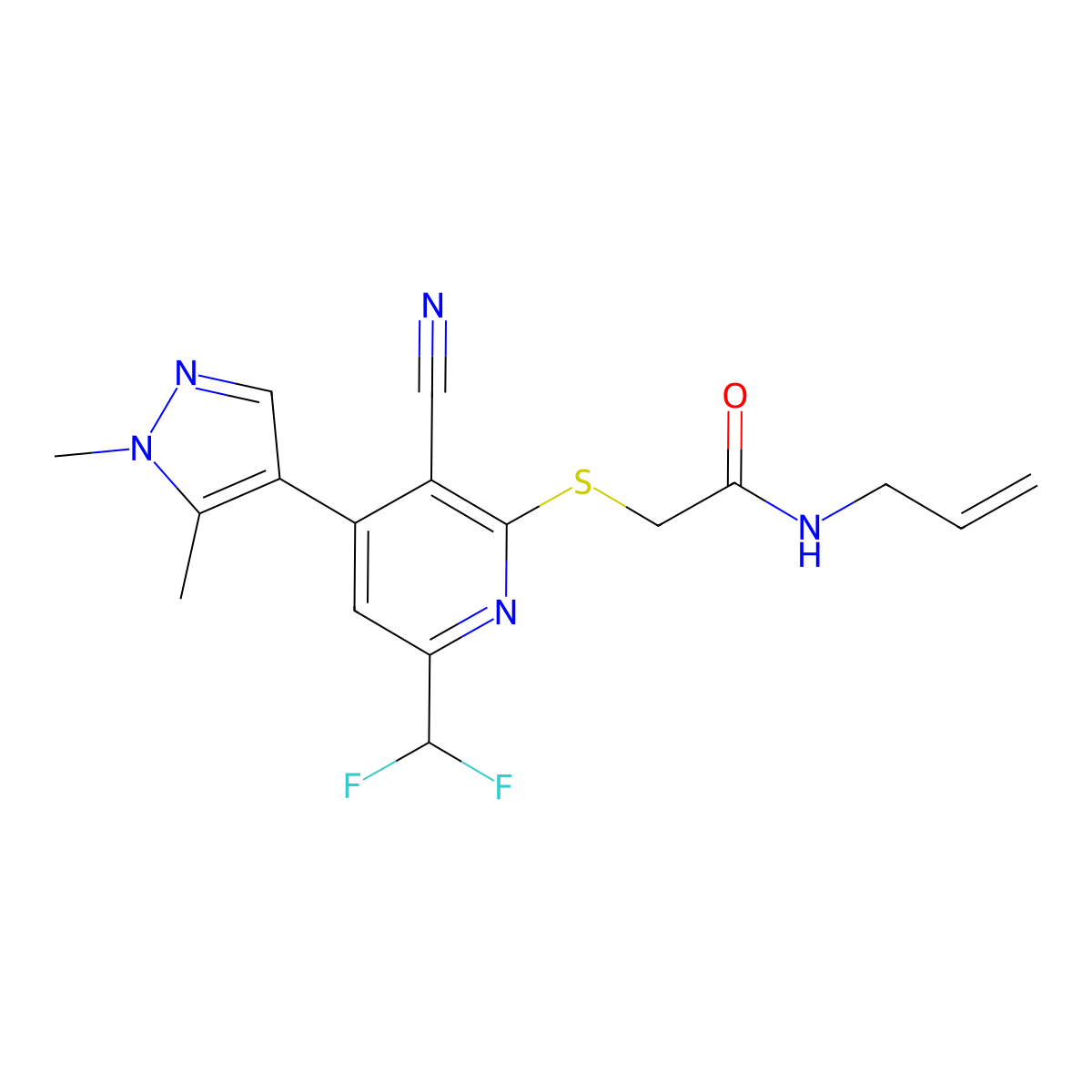 2-{[3-cyano-6-(difluoromethyl)-4-(1,5-dimethyl-1H-pyrazol-4-yl)pyridin-2-yl]sulfanyl}-N-(prop-2-en-1-yl)acetamide molecular structure, CAS 1005579-05-4